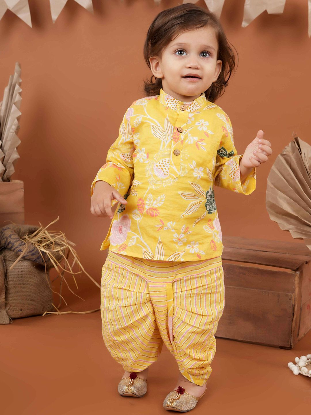 BAESD Boys Floral Printed Band Collar Pure Cotton Straight Kurta With Dhoti Pants