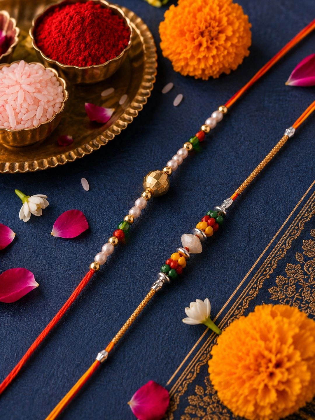 Aapno Rajasthan Set of 2 Beaded Thread Rakhis with Greetings Card & Roli Chawal