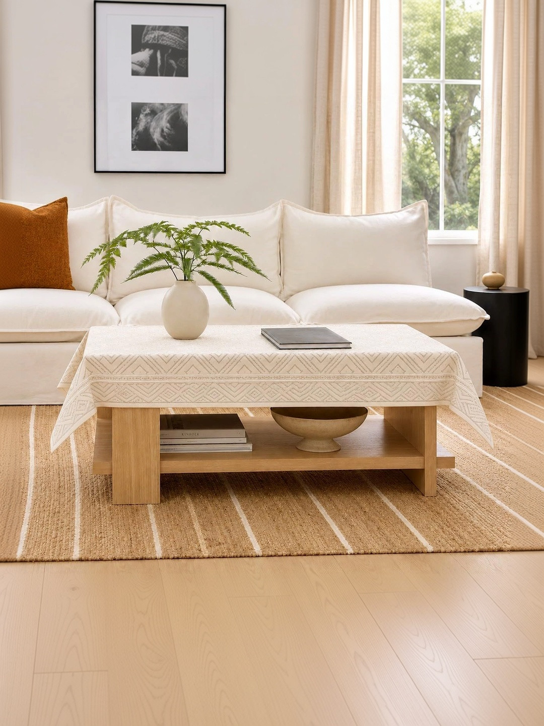 RYKA Cream-Coloured Geometric Printed Cotton 4-Seater Table Cover with Textured details