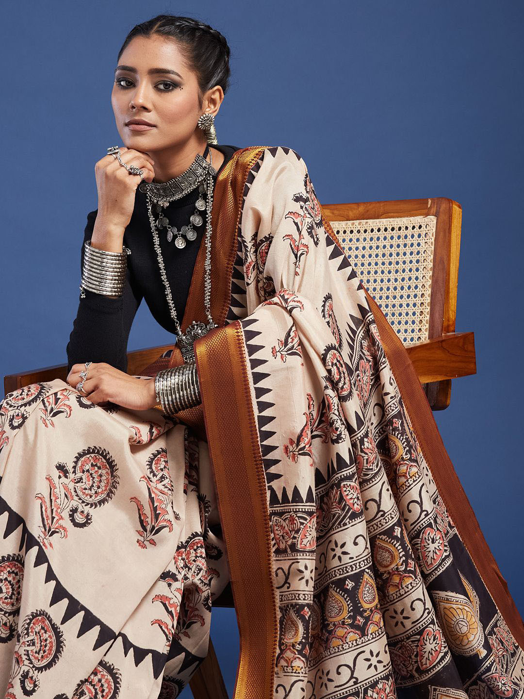 Taavi Hand Block Printed Silk Blend Kalamkari Saree with Attached Blouse