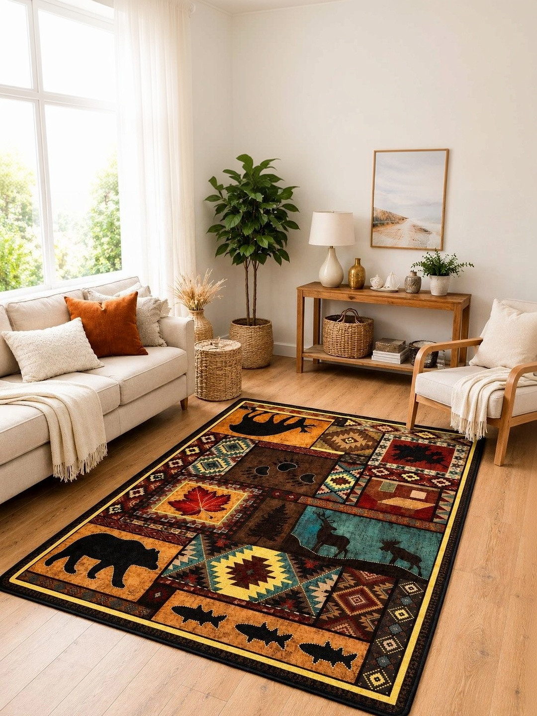AAZEEM Bronze-Toned Ethnic Motifs Anti-Skid Polyester Carpet