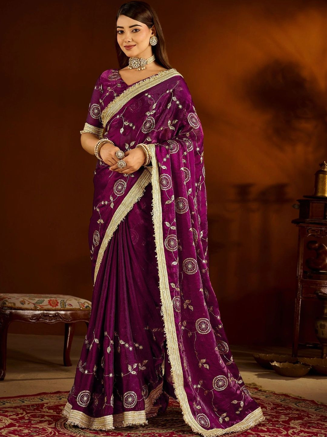 GRUHNAREE Embellished Embroidered Satin Saree