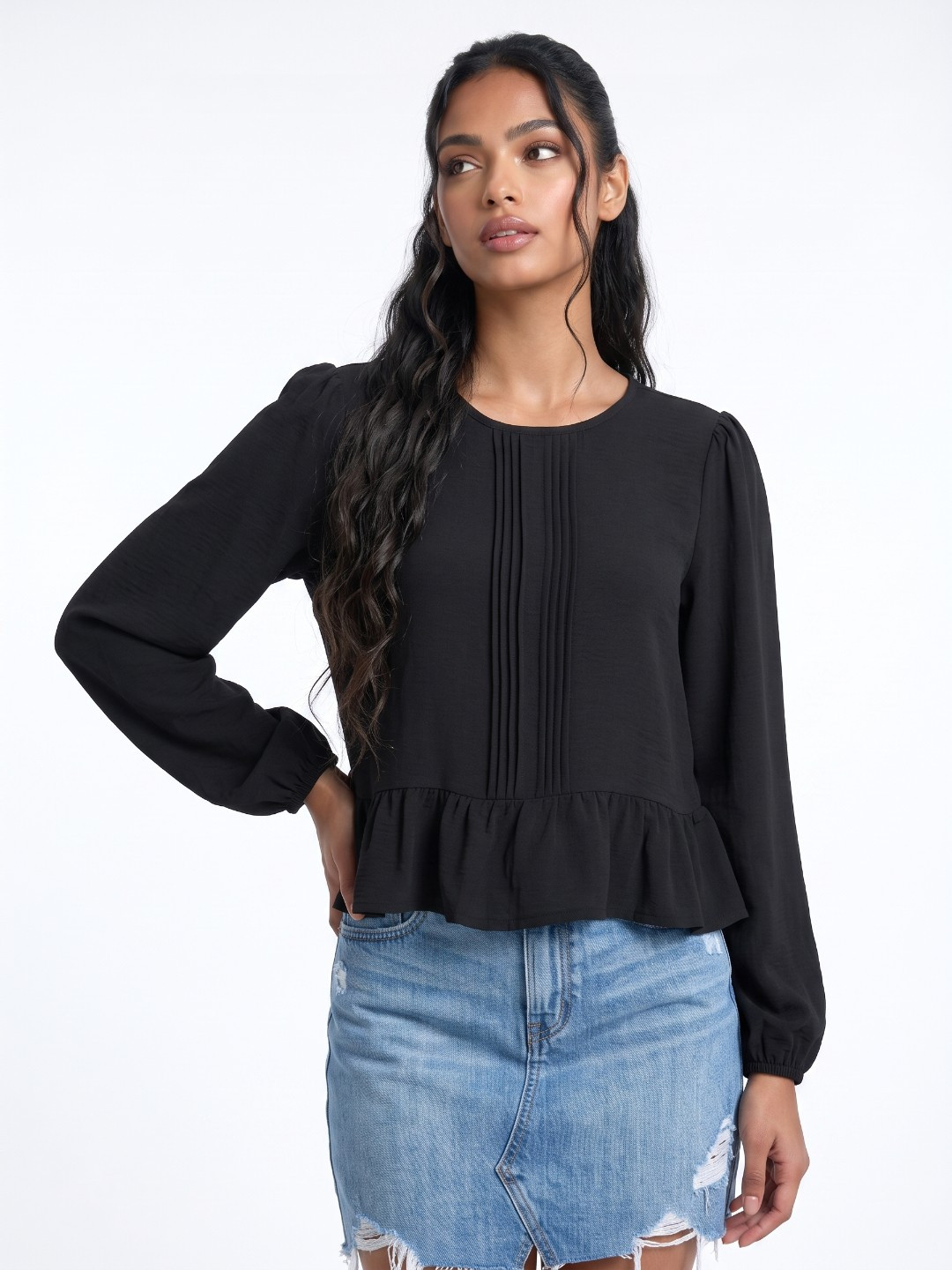 glitchez Round Neck Puff Sleeve Relaxed Fit Top