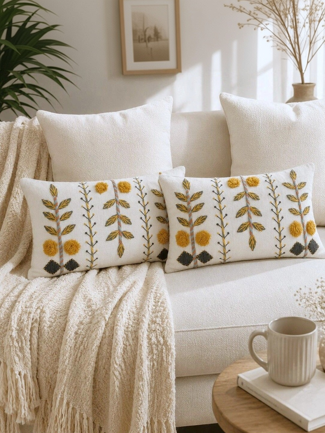 eyda White Cotton Breathable 2 Piece Embroidered Rectangle Cushion Covers -12x20In