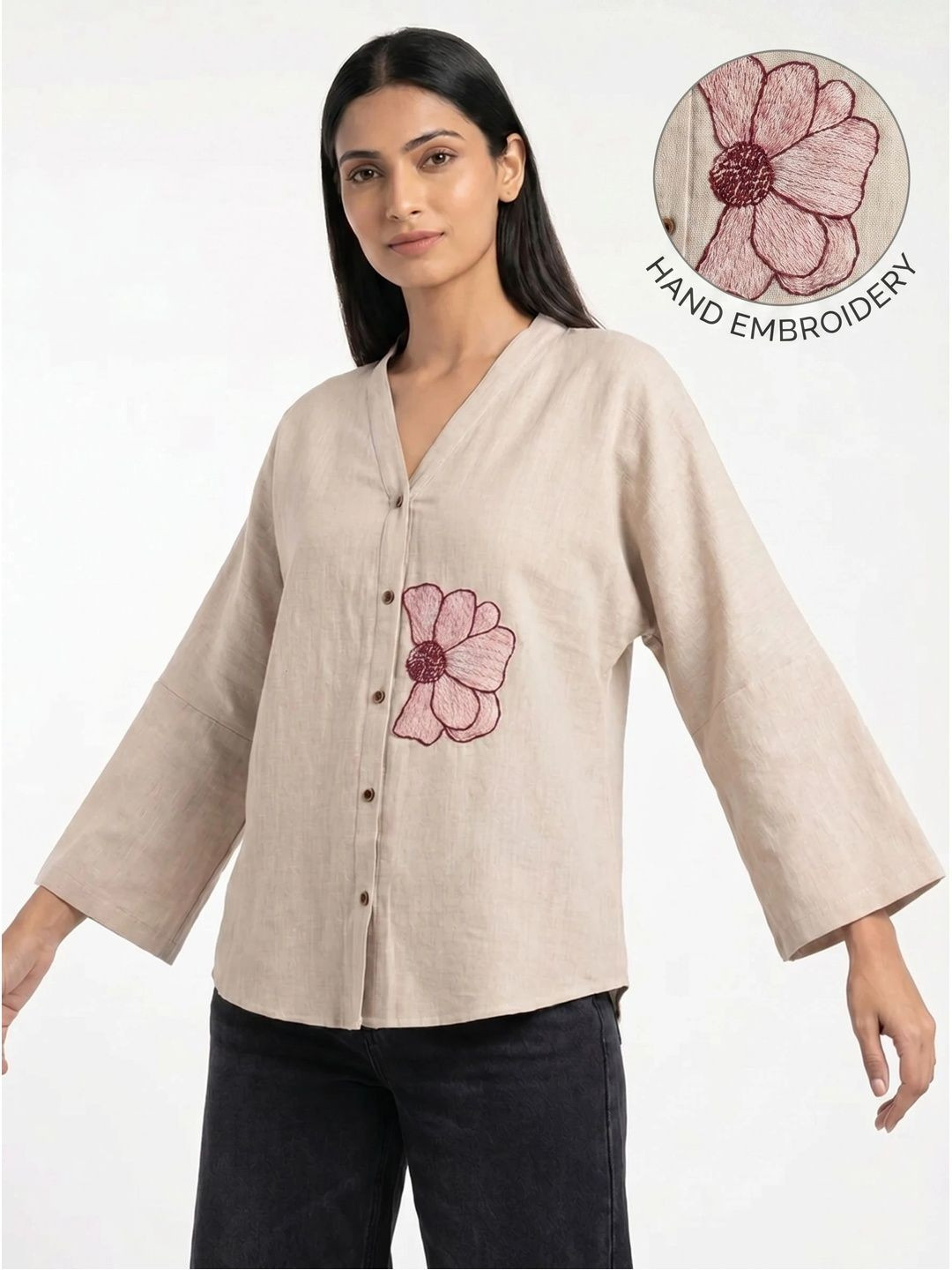 ZNKL Floral Embroidered Flared Sleeve Cotton Top