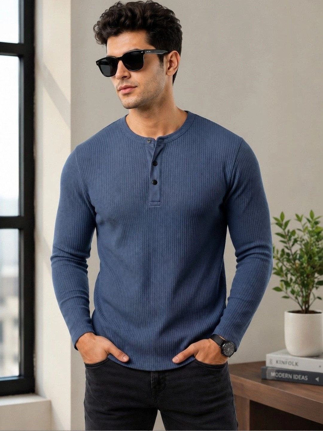 RUFICA Men Henley Neck T-shirt