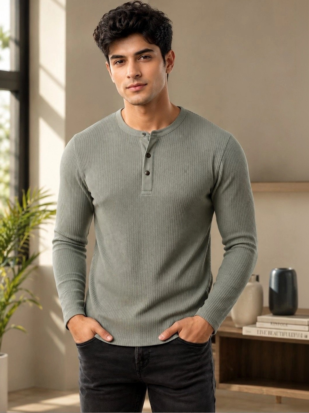 RUFICA Men Henley Neck T-shirt