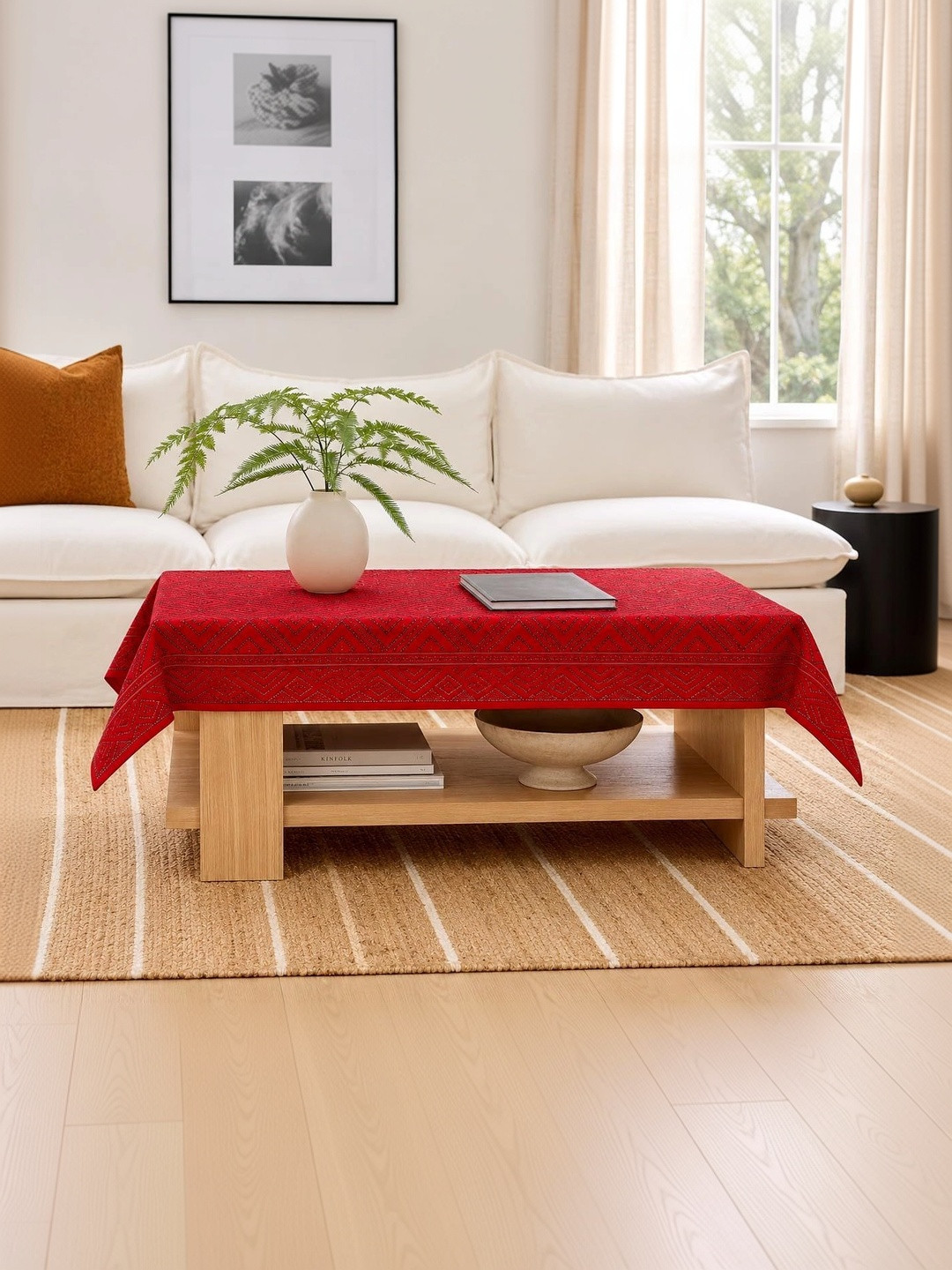 RYKA Maroon Geometric Printed Cotton 4-Seater Table Cover with Textured details