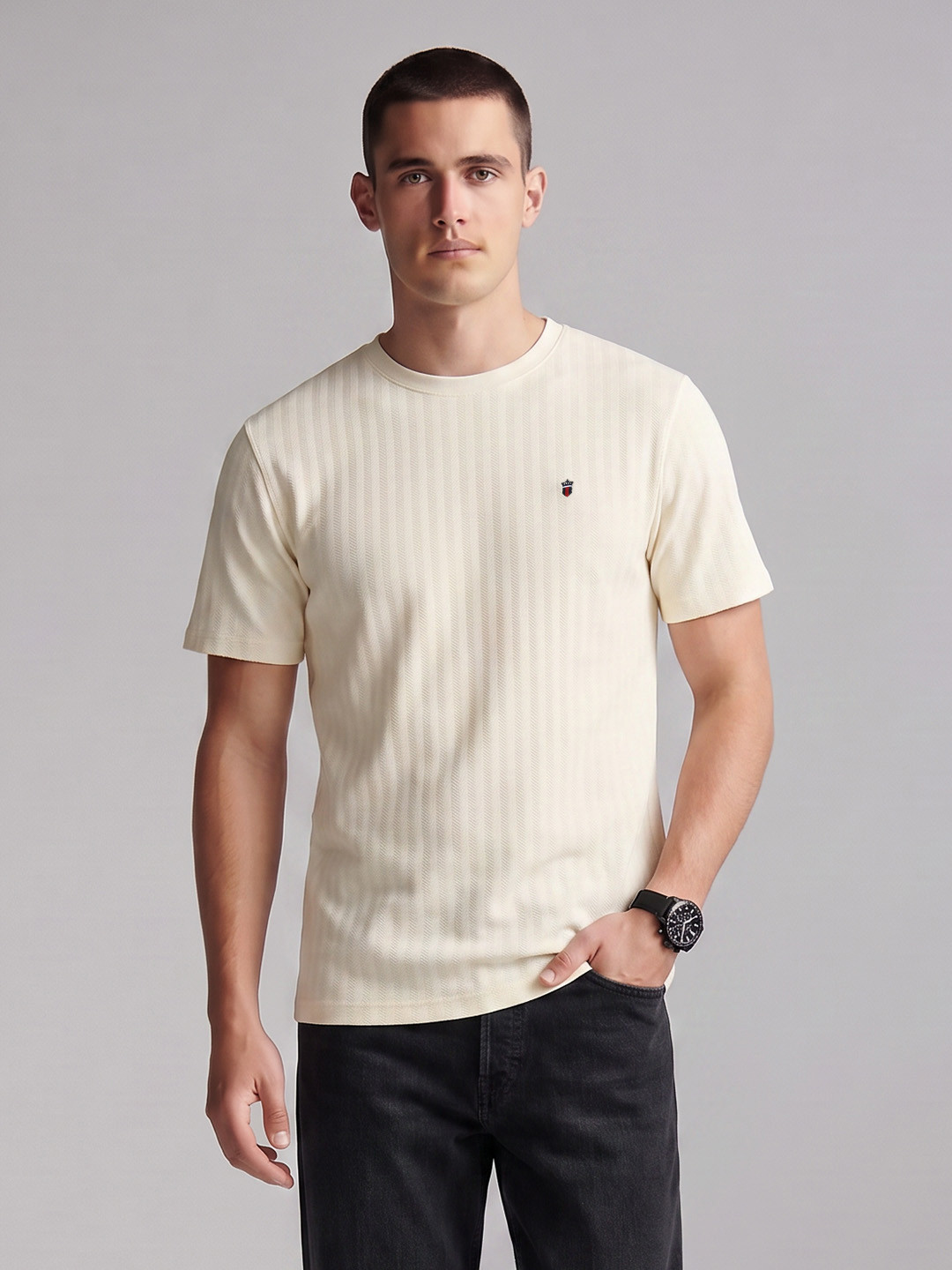 Louis Philippe Jeans Textured Pure Cotton T-shirt