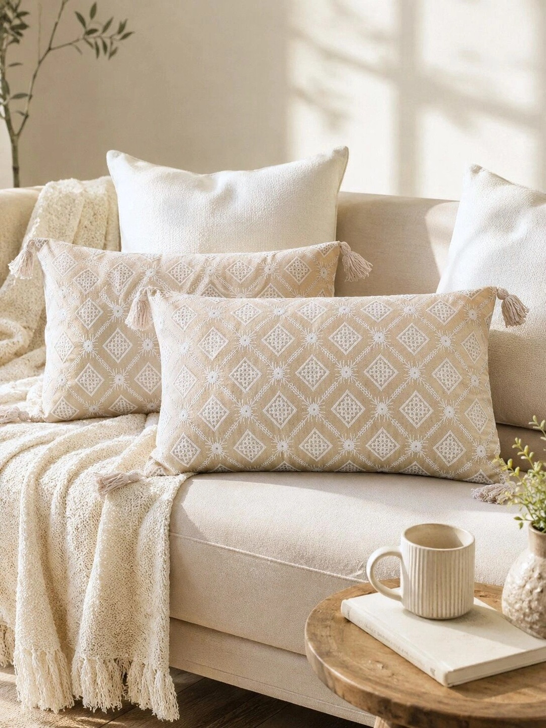 eyda Beige & Cream 2 Pieces Embroidered Velvet Rectangle Cushion Covers