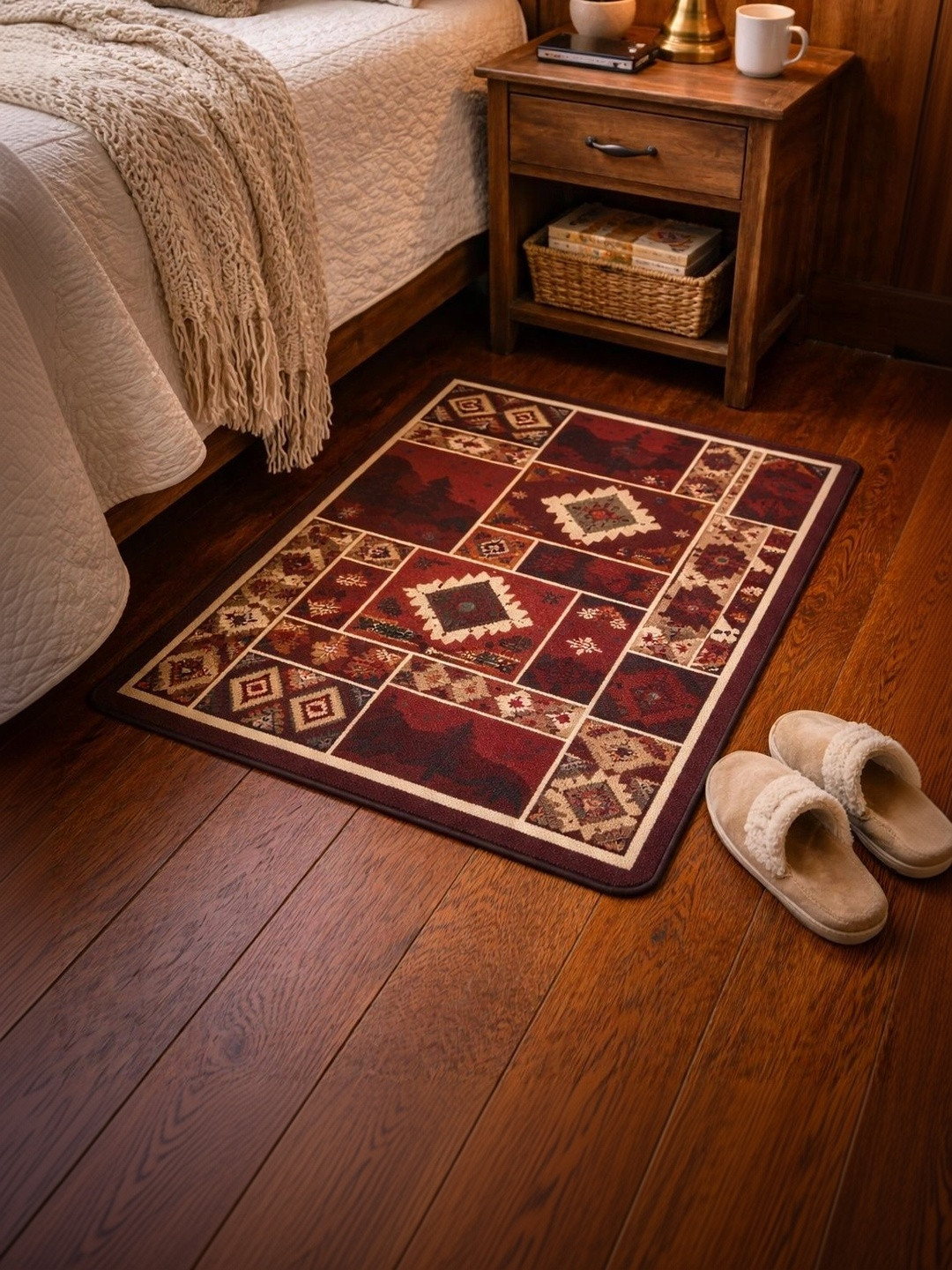 AAZEEM Maroon Ethnic Motifs Anti-Skid Polyester Carpet