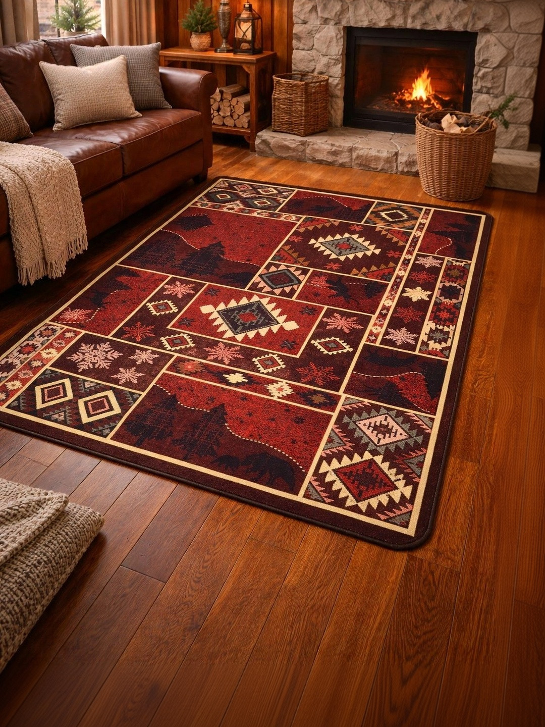 AAZEEM Maroon Ethnic Motifs Anti-Skid Polyester Carpet