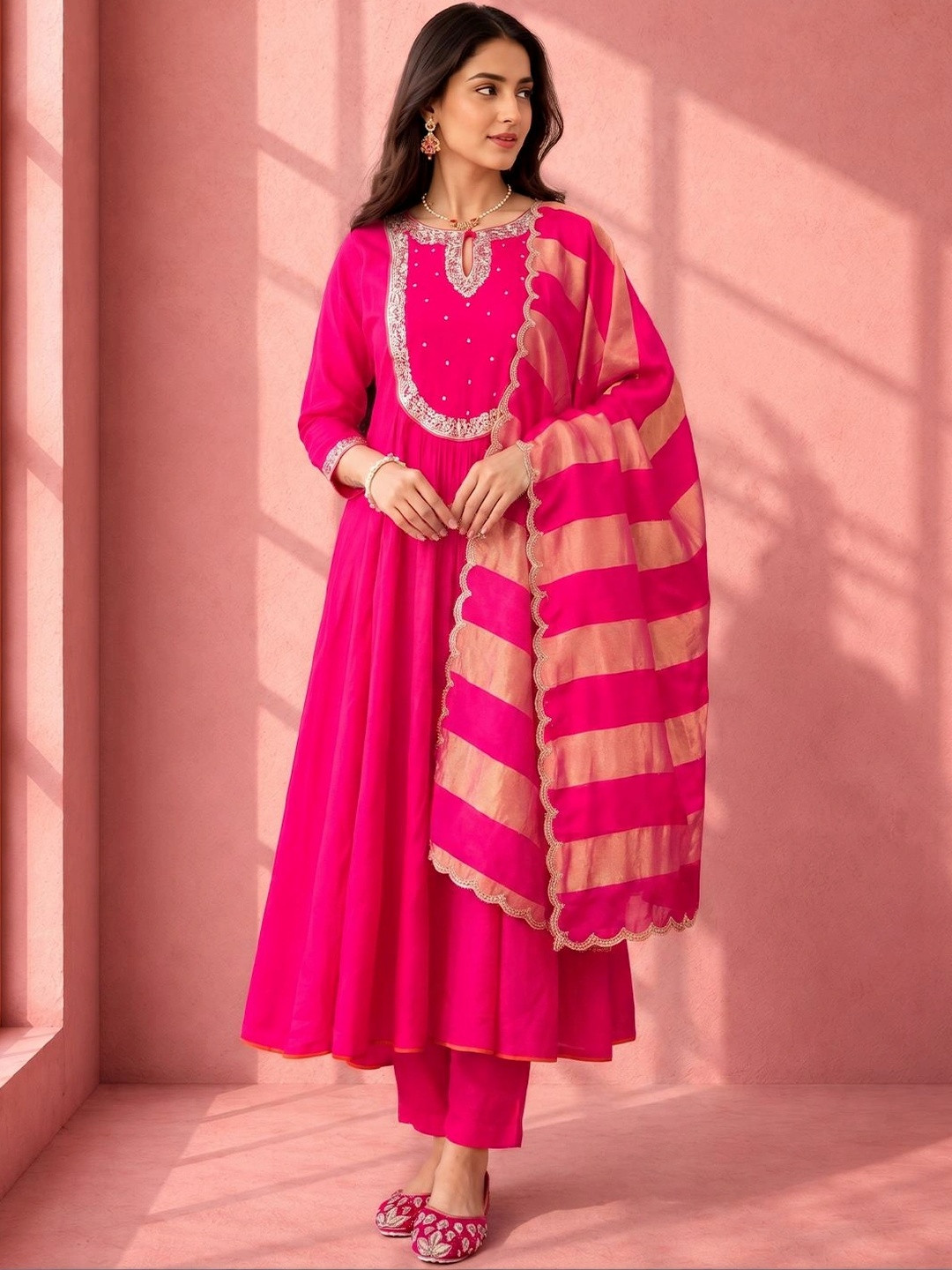 SACi Women Empire Sequinned Kurta with Palazzos & With Dupatta