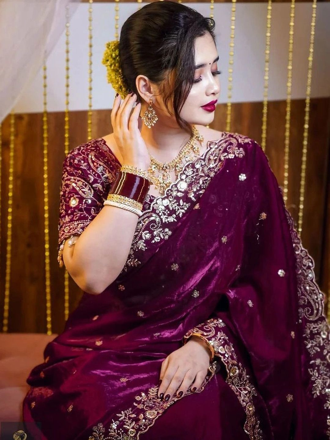 GRUHNAREE Ethnic Motifs Sequinned Satin Saree