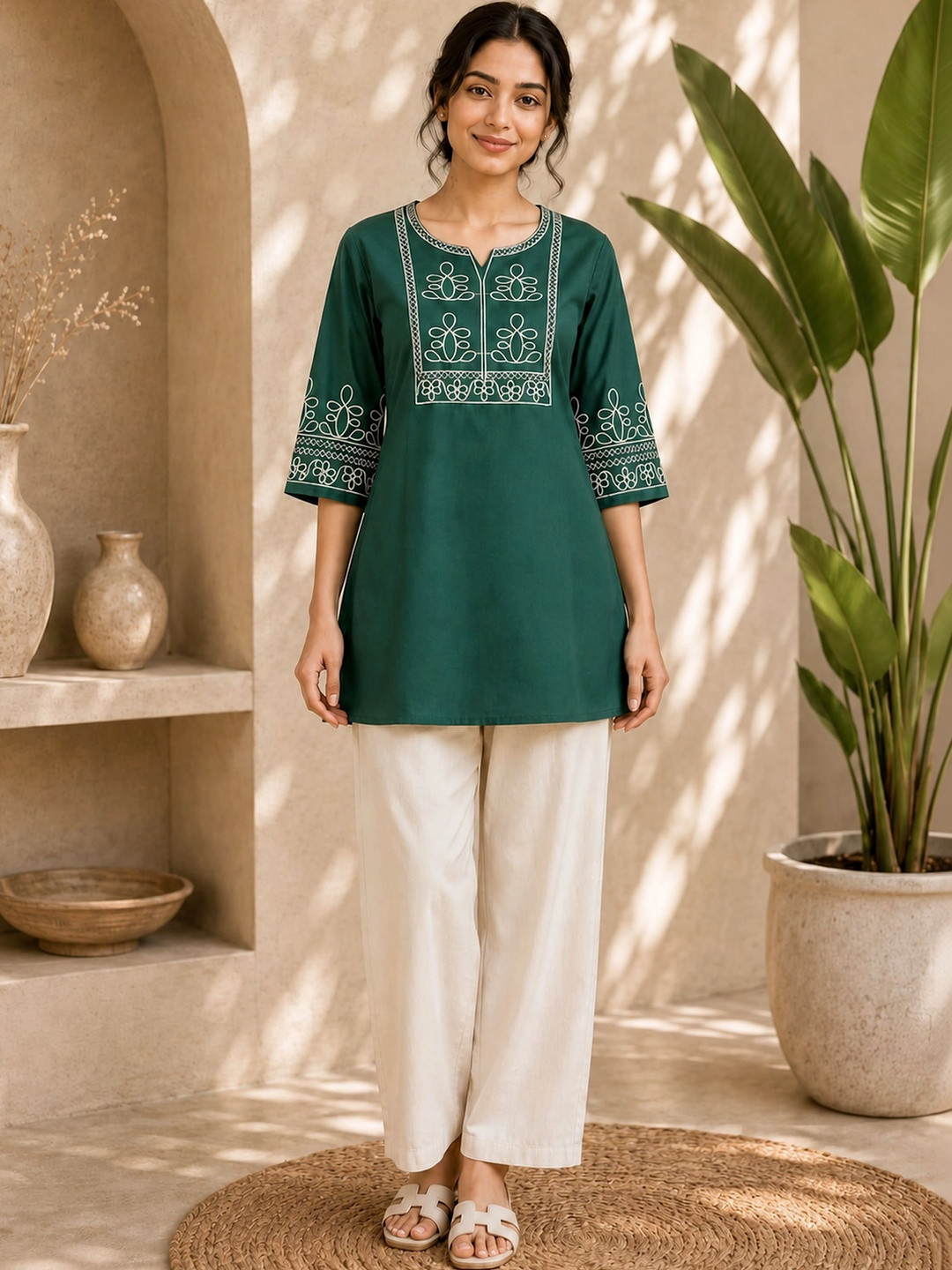 TRAHIMAM Women Ethnic Motifs Embroidered Regular Thread Work Kurti with Palazzos