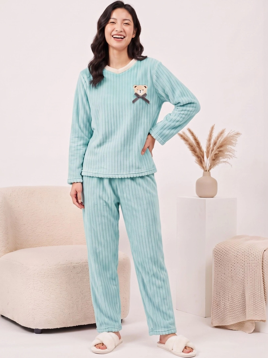 Stem Rope Women Comfy Ribbed Full Sleeves Top with Pyjama Set