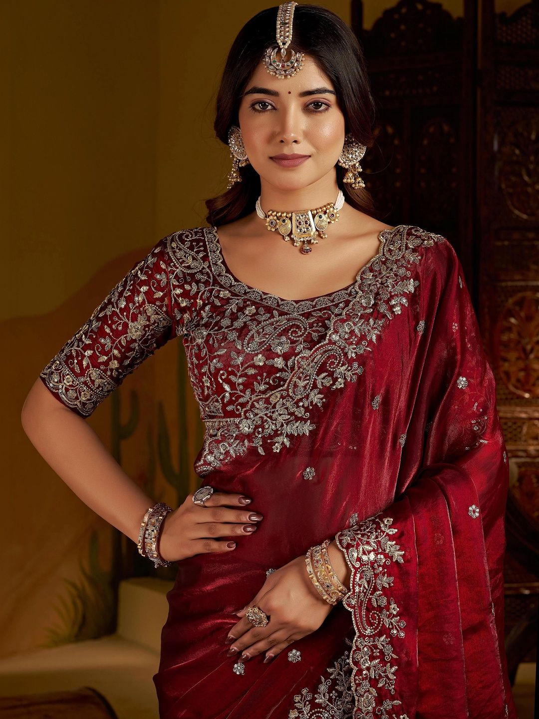 GRUHNAREE Embellished Embroidered Satin Saree