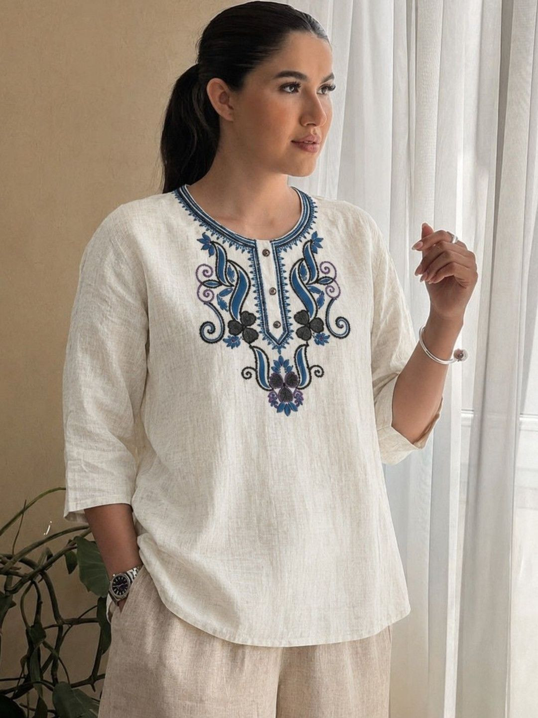 MAKHHI WEAR YOUR VIBE Embroidered Ethnic Cotton Blend Top