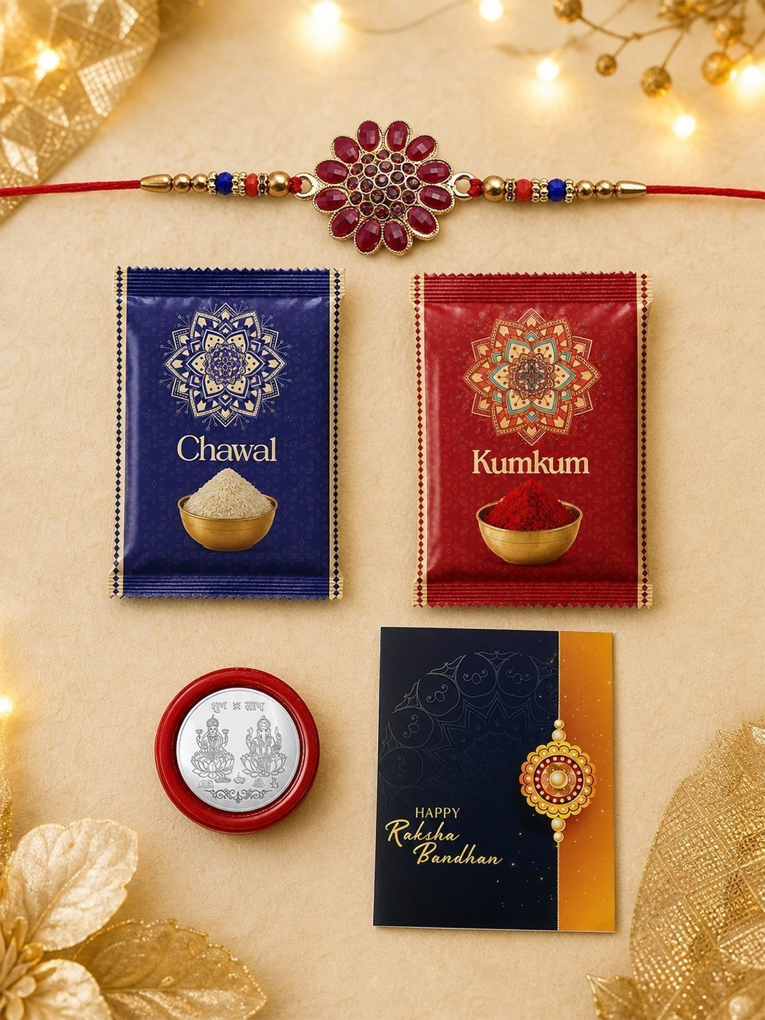 DeoDap Rakhi for Brother With Greeting Card & Roli-Chawal & Silver colour coin
