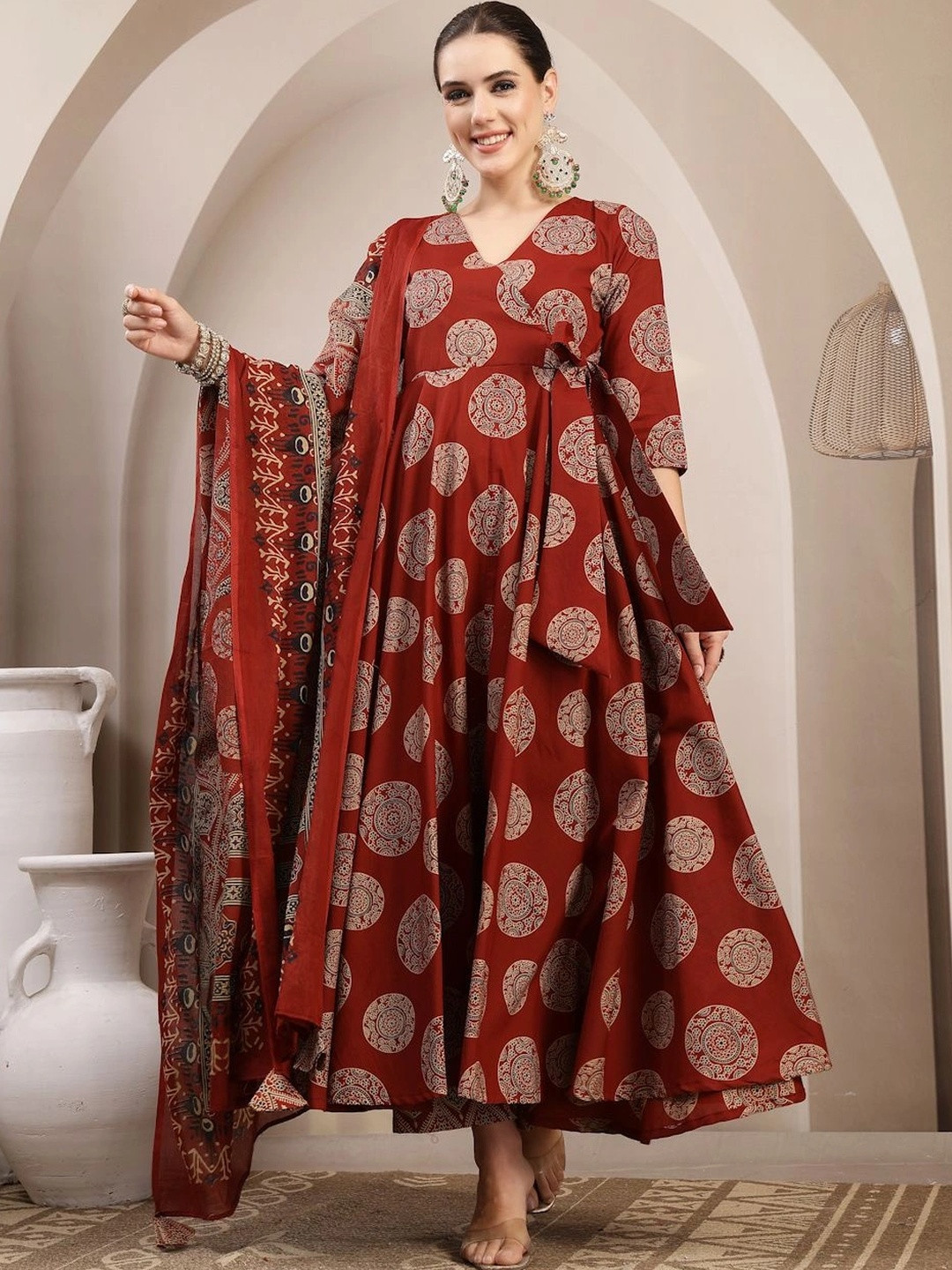 GULMOHAR JAIPUR Women Printed Angrakha Pure Cotton Kurta with Trousers & With Dupatta