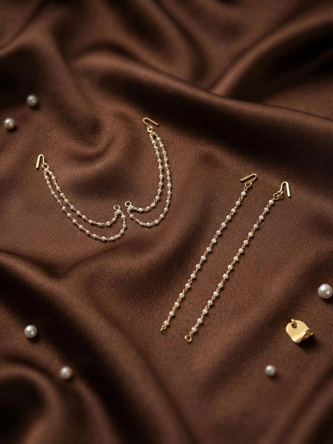 JEWELOPIA Set of 2 Gold-Toned Pearl Kaan Chain Earrings