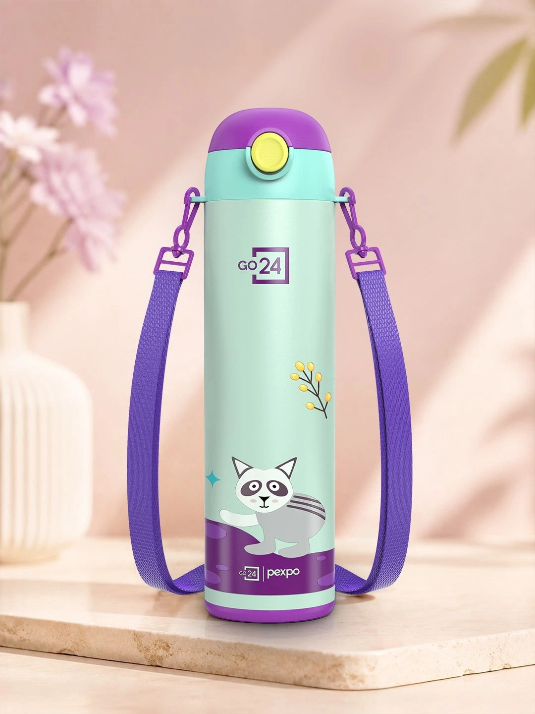 Go24 Sea Green & Purple Printed Stainless Steel Double Wall Vacuum Water Bottle 470ml
