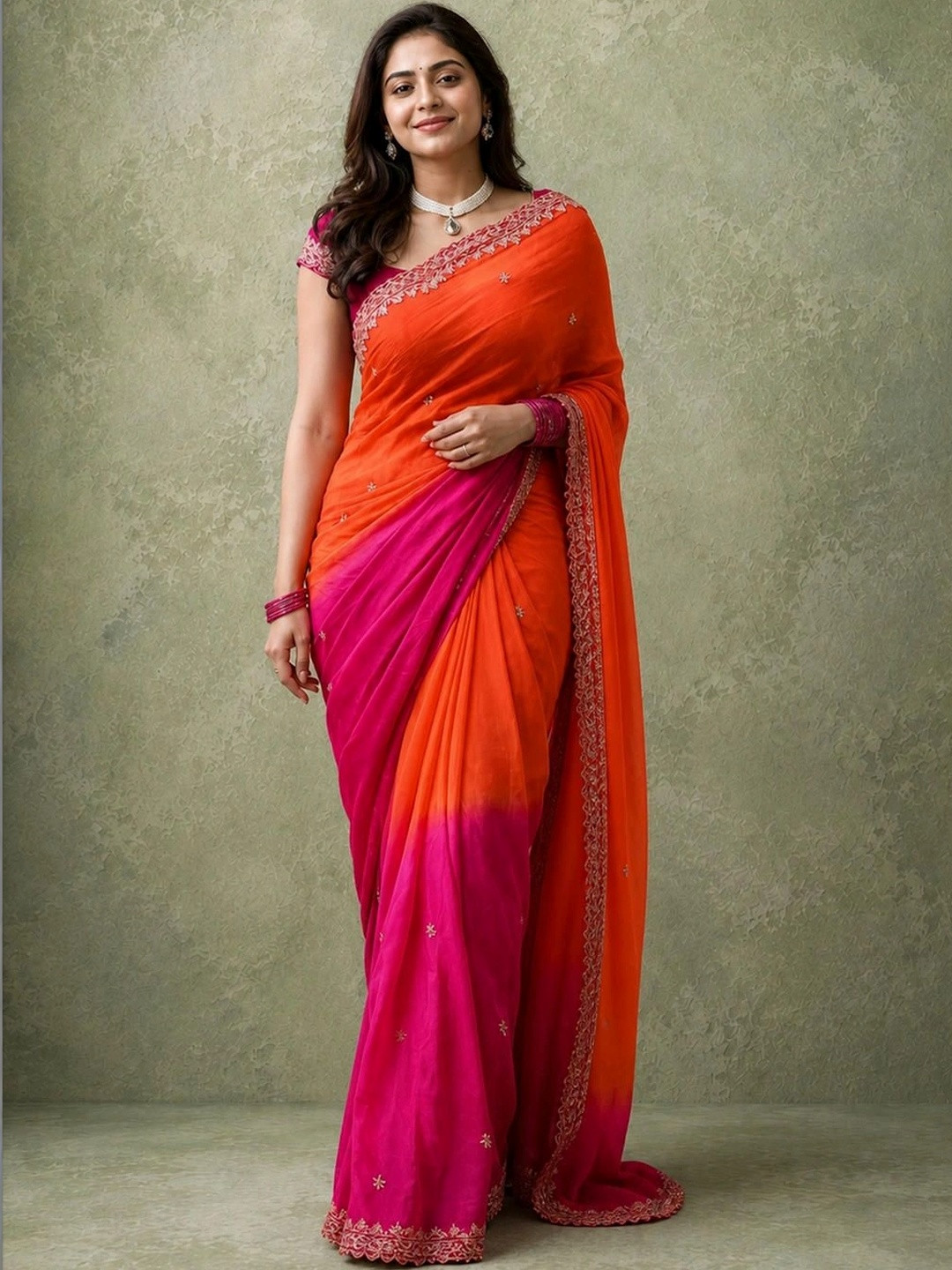 SAMANTHA Ombre Embroidered Poly Chiffon Half and Half Saree