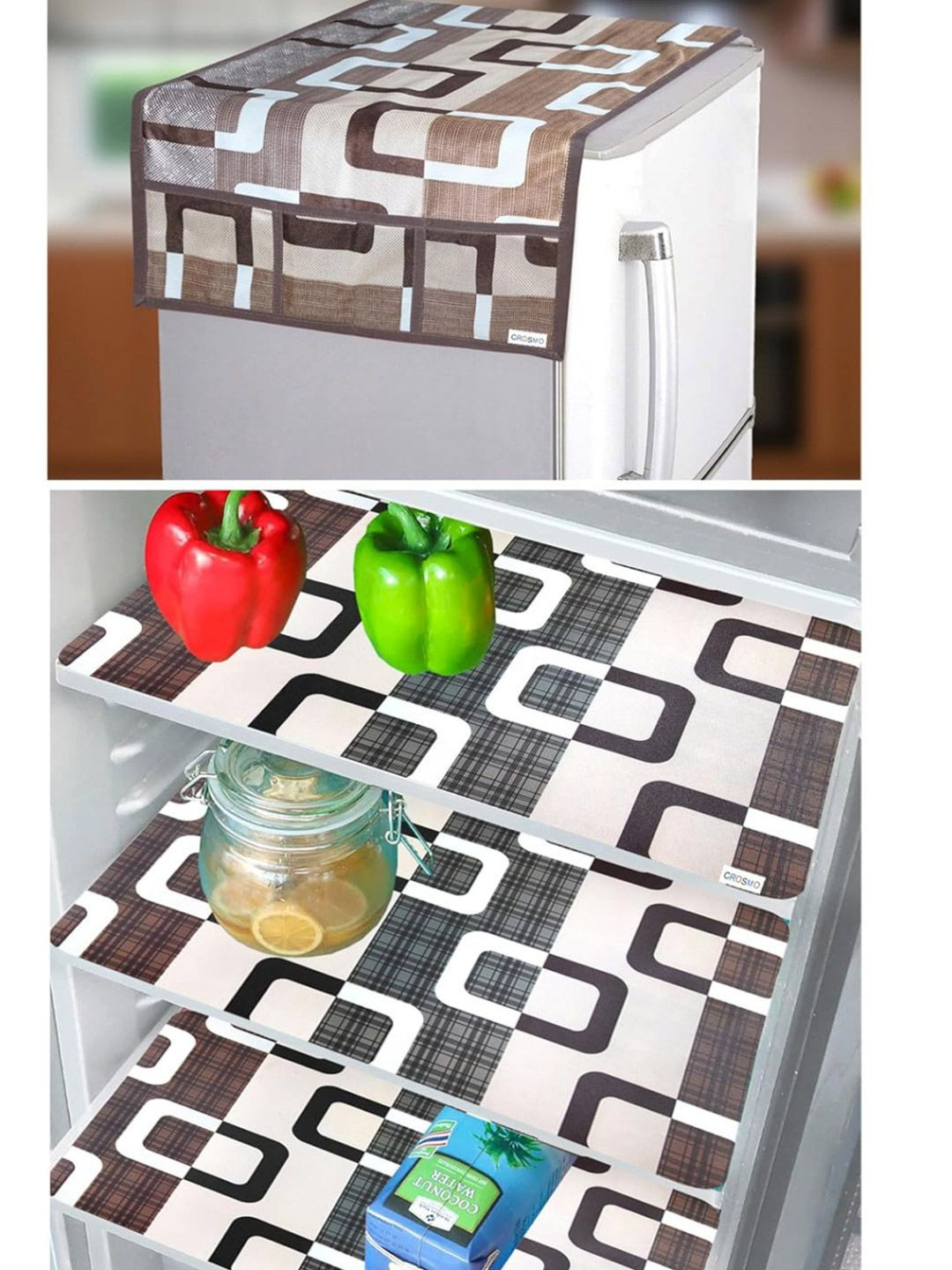 CROSMO Brown & White 4 Pieces Printed Fridge Cover & Fridge Mats