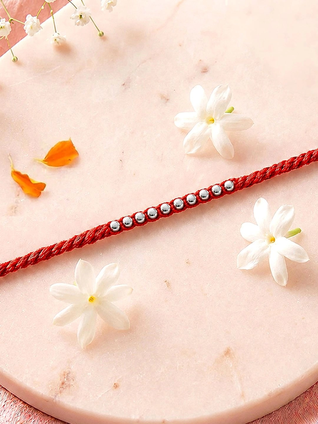 Zavya 925 Pure Silver Beaded Thread Rakhi With Roli Chawal