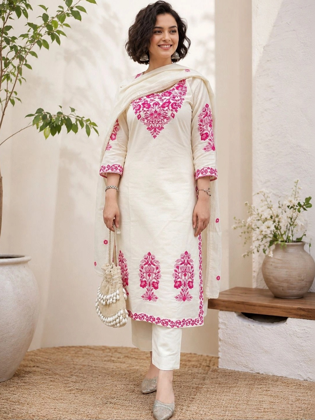 BAESD Women Ethnic Motifs Embroidered Regular Thread Work Kurta with Trousers & With Dupatta