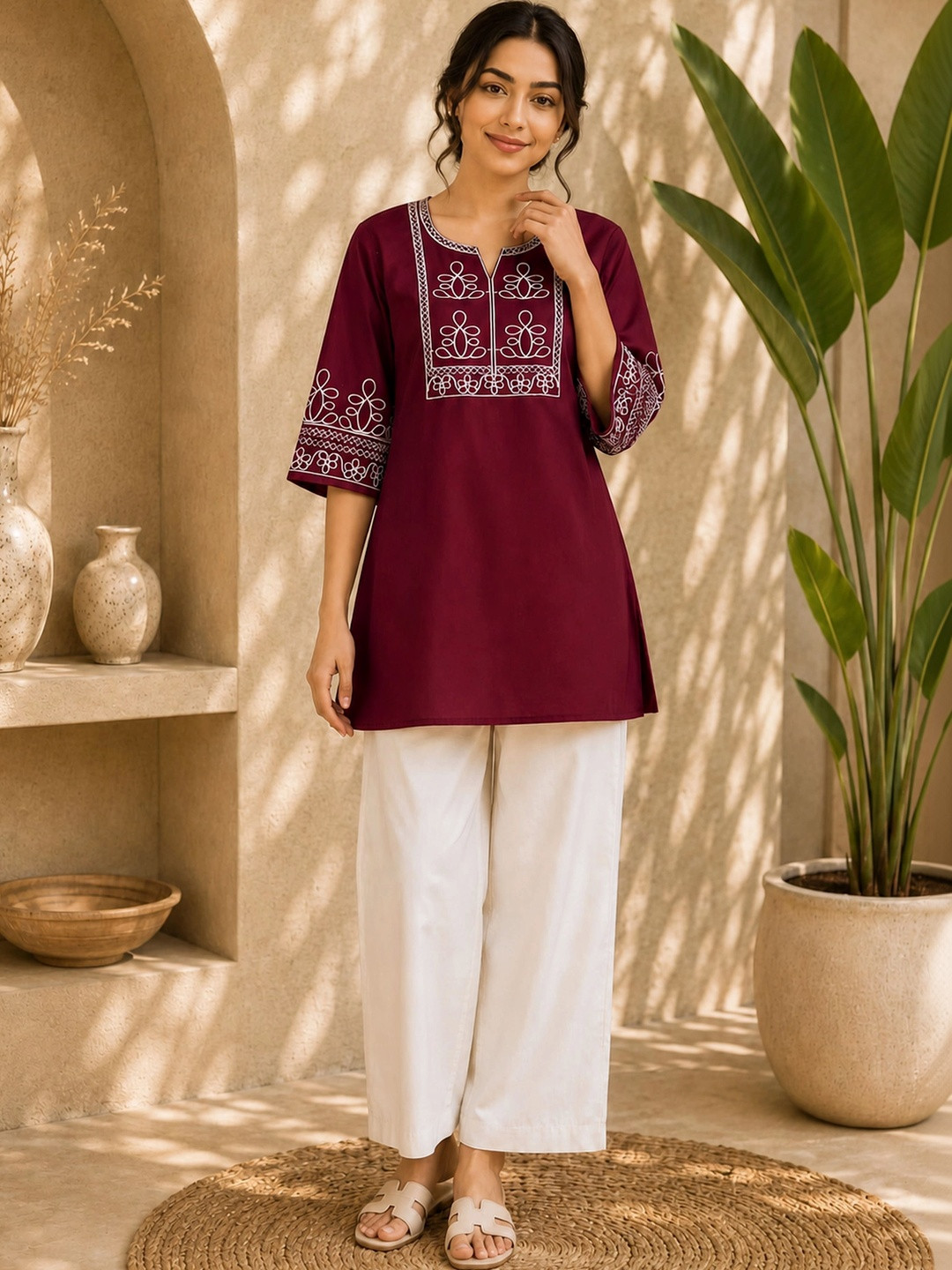 TRAHIMAM Women Ethnic Motifs Embroidered Regular Thread Work Kurta with Palazzos