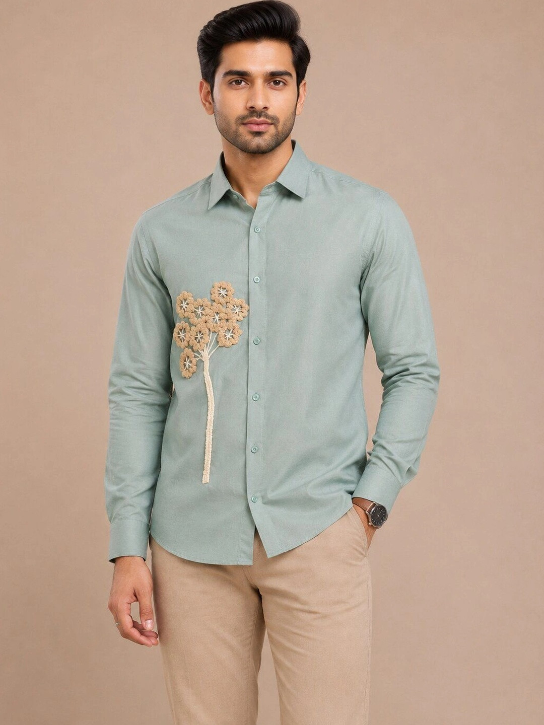 The Dapperman Men Classic Casual peach embroidery designer shirt