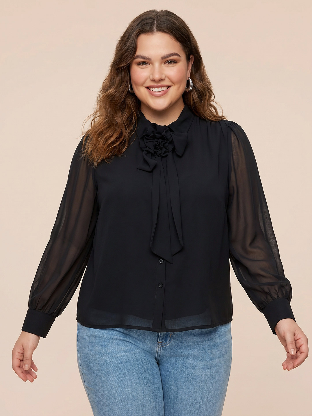 Sztori Plus Size Semi Sheer Tie-Up Neck Casual Top