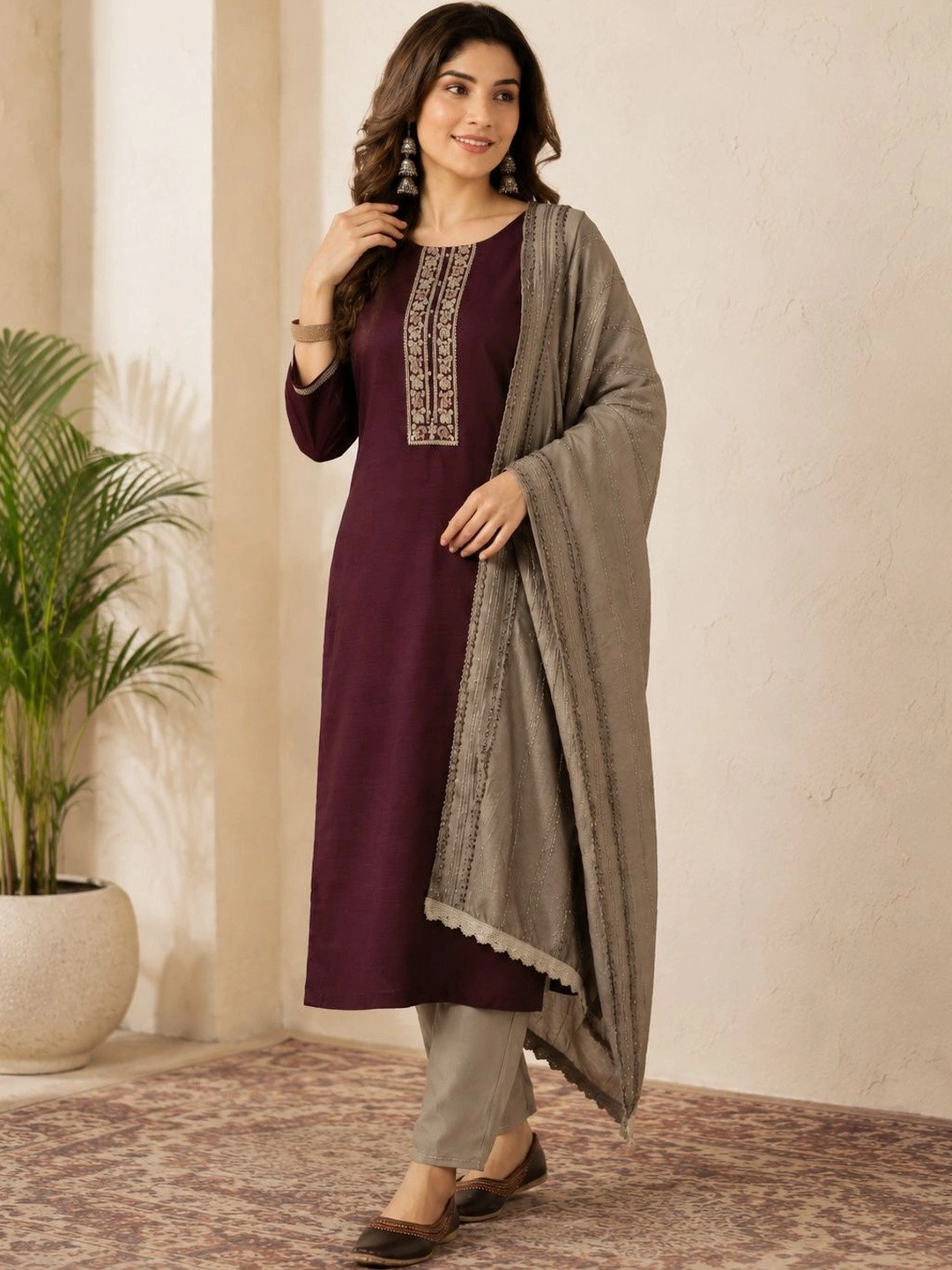 Anouk Women Ethnic Motifs Embroidered Regular Thread Work Kurta with Trousers & With Dupatta