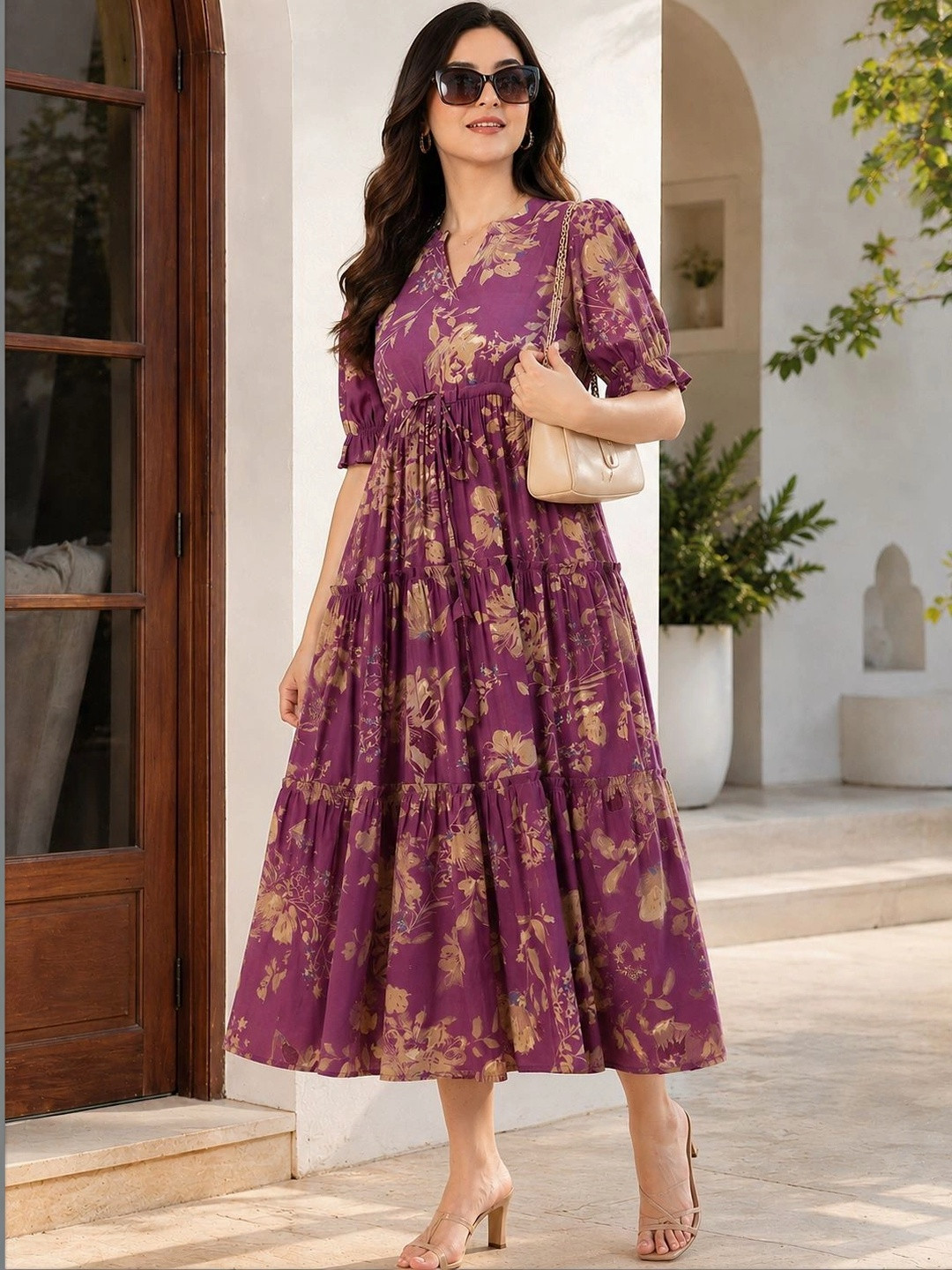 Manqsh by Claura Floral Print A-Line Midi Dress