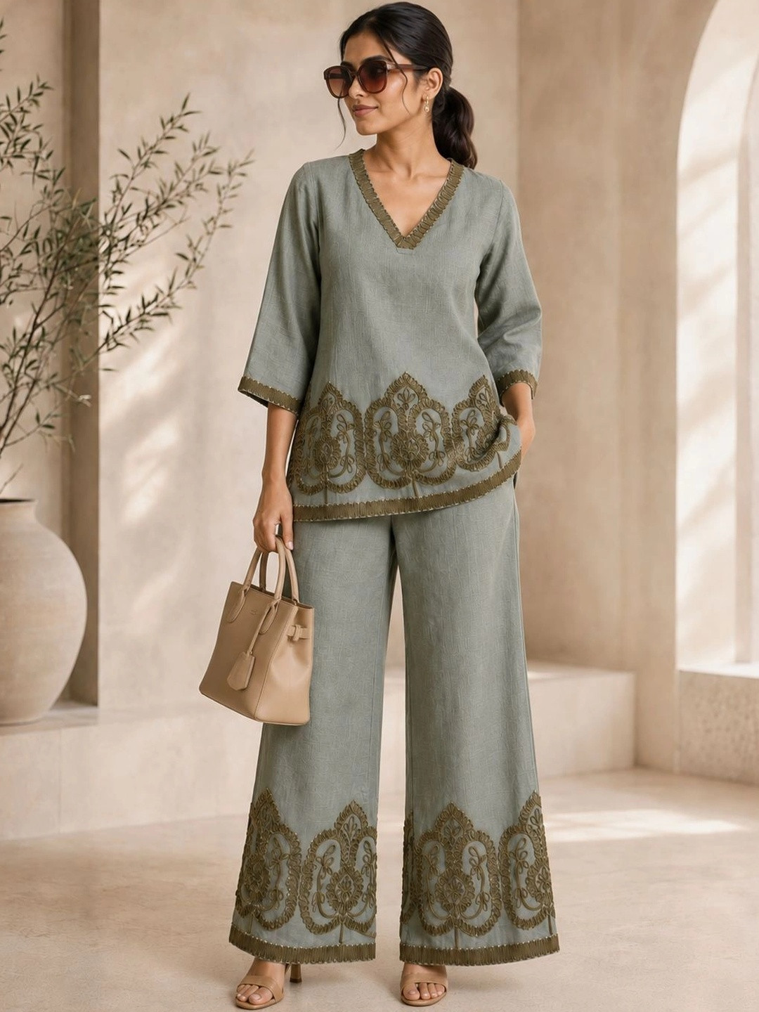 Manqsh by Claura Linen Embroidered Tunic with Palazzos