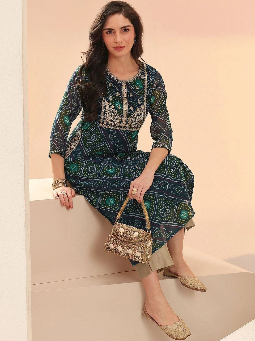 Libas Teal Blue Bandhani Printed Chiffon Straight Kurta