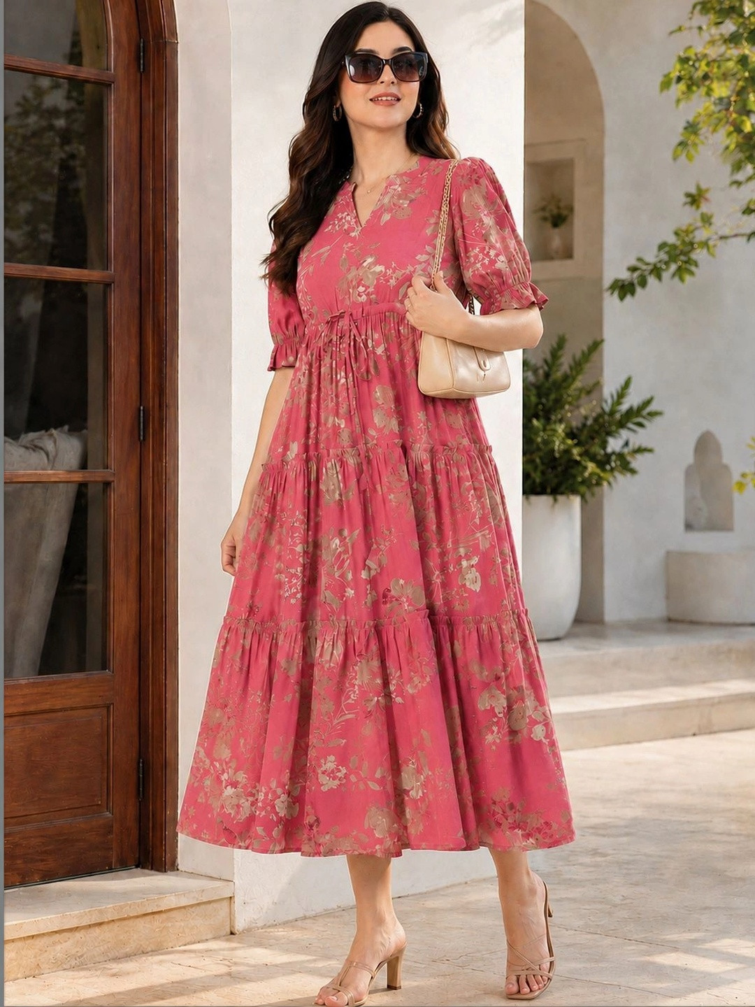 Manqsh by Claura Floral Print Puff Sleeve A-Line Midi Dress