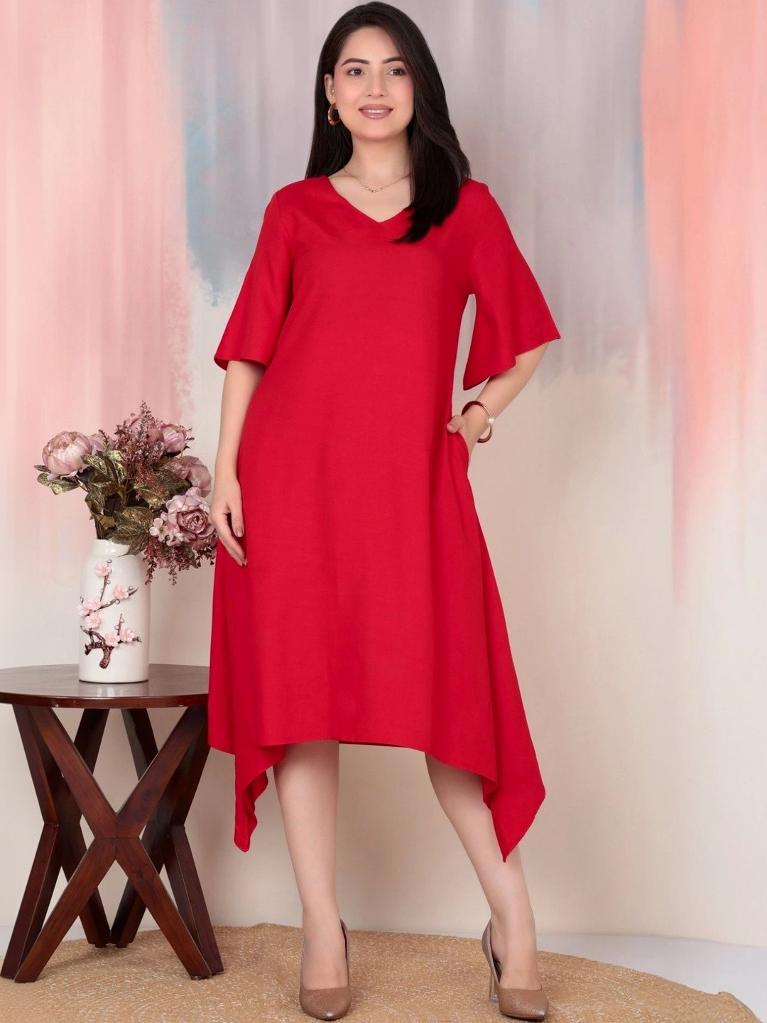 Mlada Women Flare Fit V-Neck 3/4th Sleeves Rayon Midi Dress with Pockets