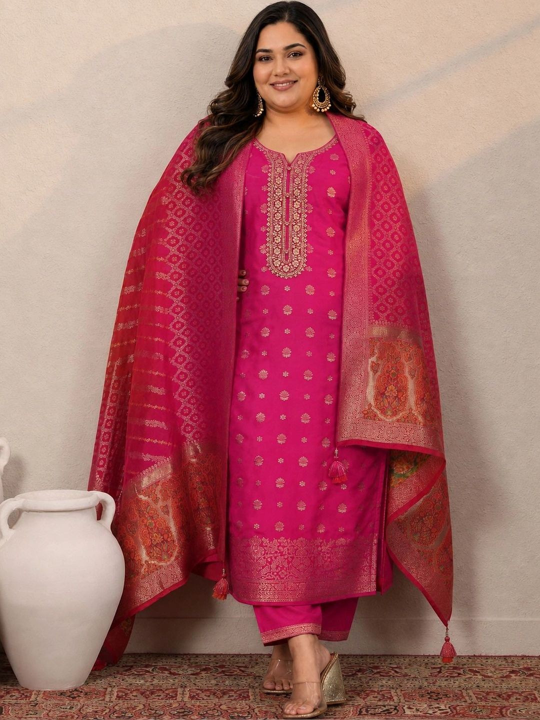 EXTRA LOVE BY LIBAS Women Ethnic Motifs Embroidered Regular Kurta with Trousers & With Dupatta