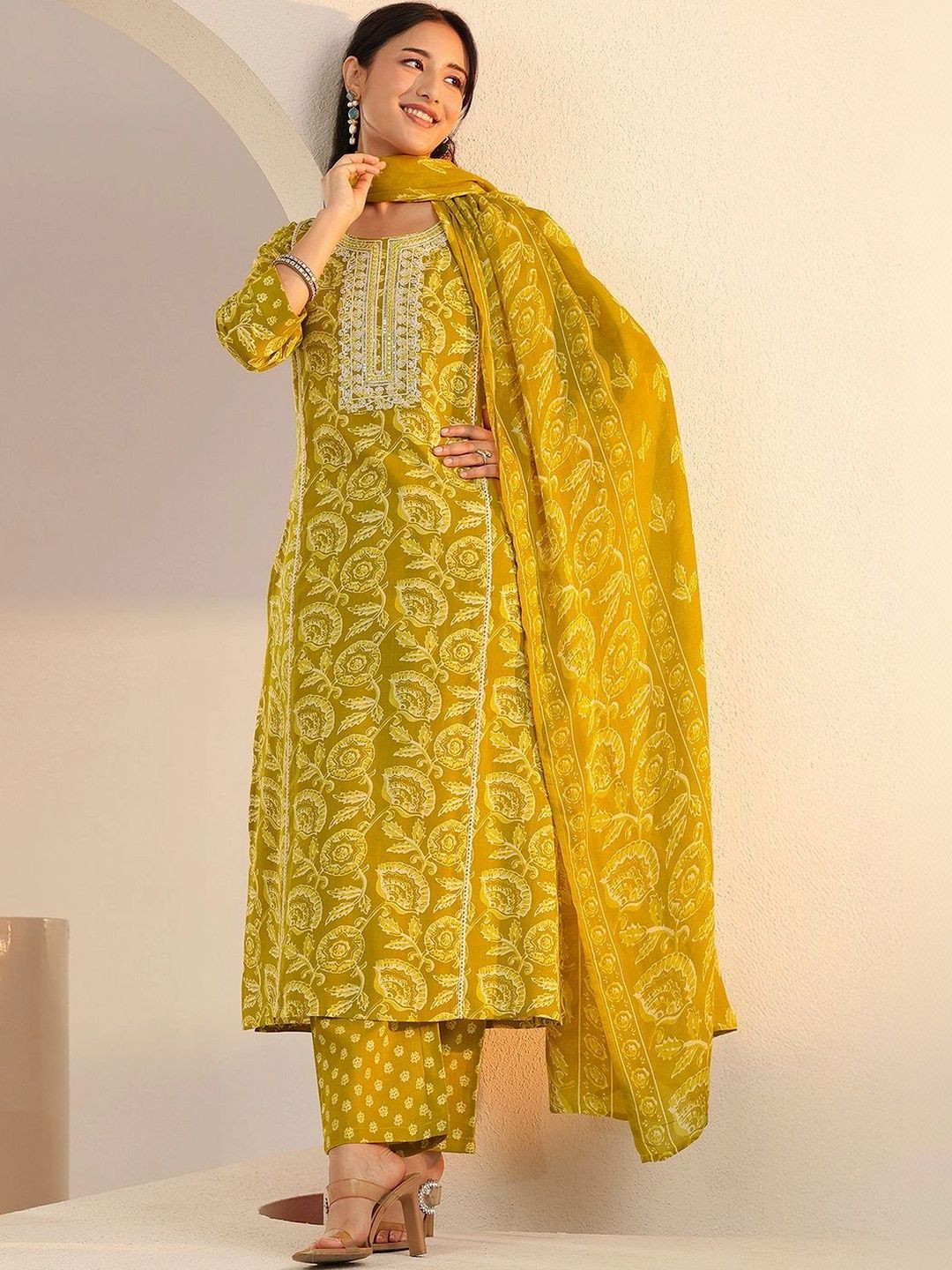 Libas Mustard Floral Printed Cotton Straight Suit Set