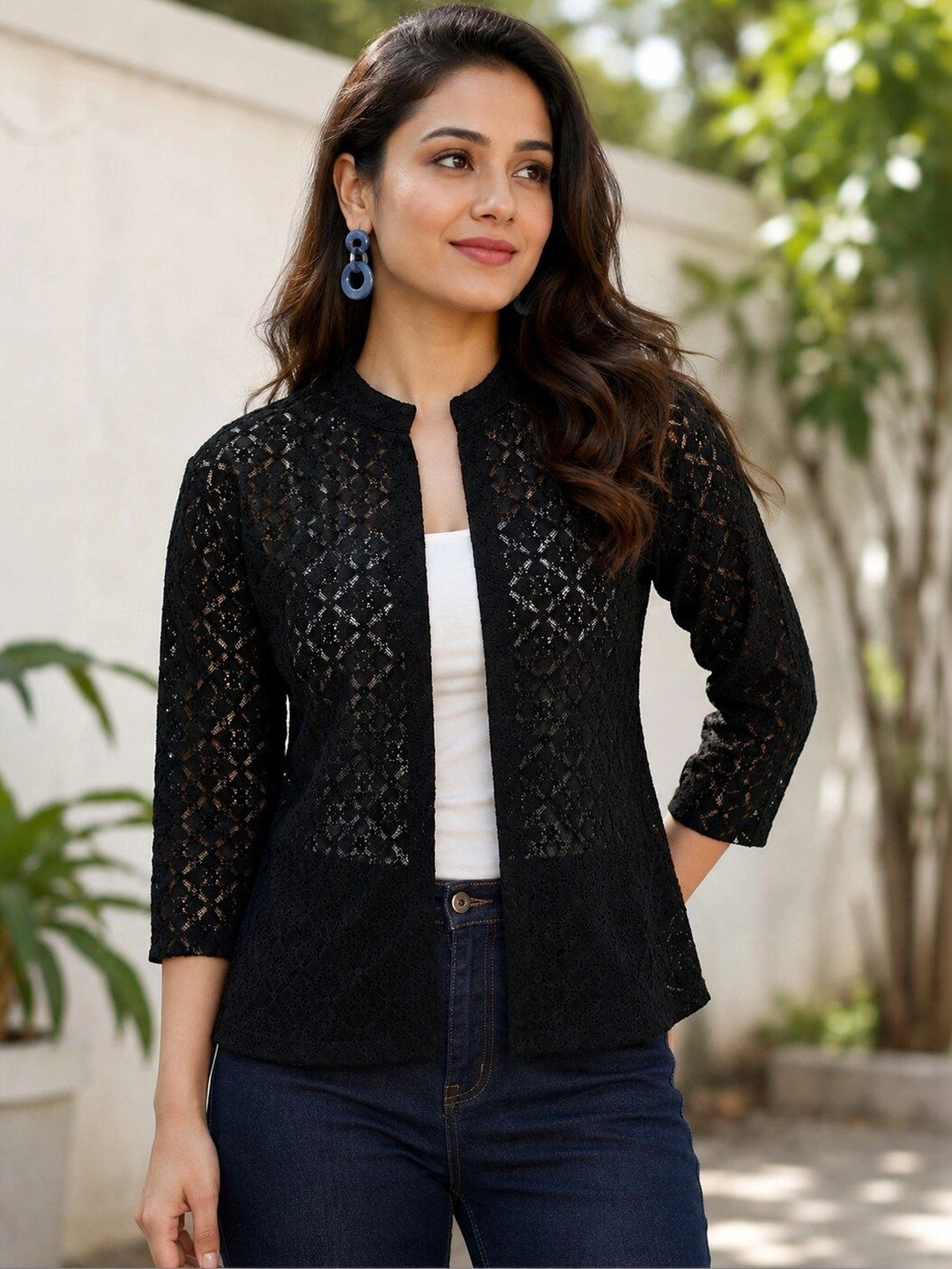 Tenacity Women Black Self Design Cotton Open Front Collar Shrug