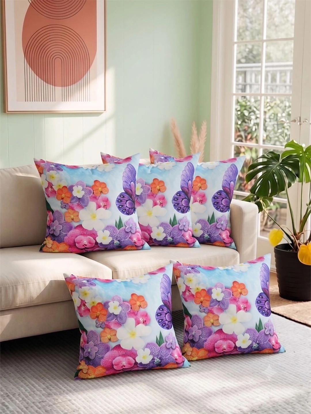 ROMEE Blue Floral Jute Silk Washable 5 Piece Square Cushion Covers -16x16In
