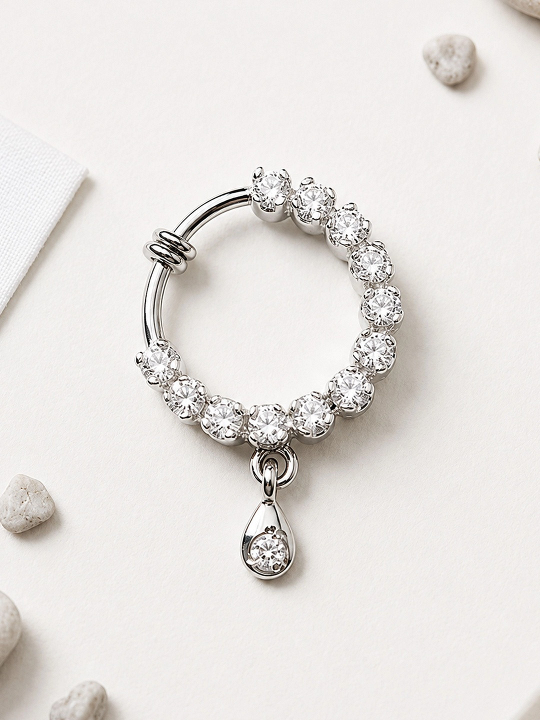 PRIVIU Women Rhodium-Plated American Diamond Ring Nosepin