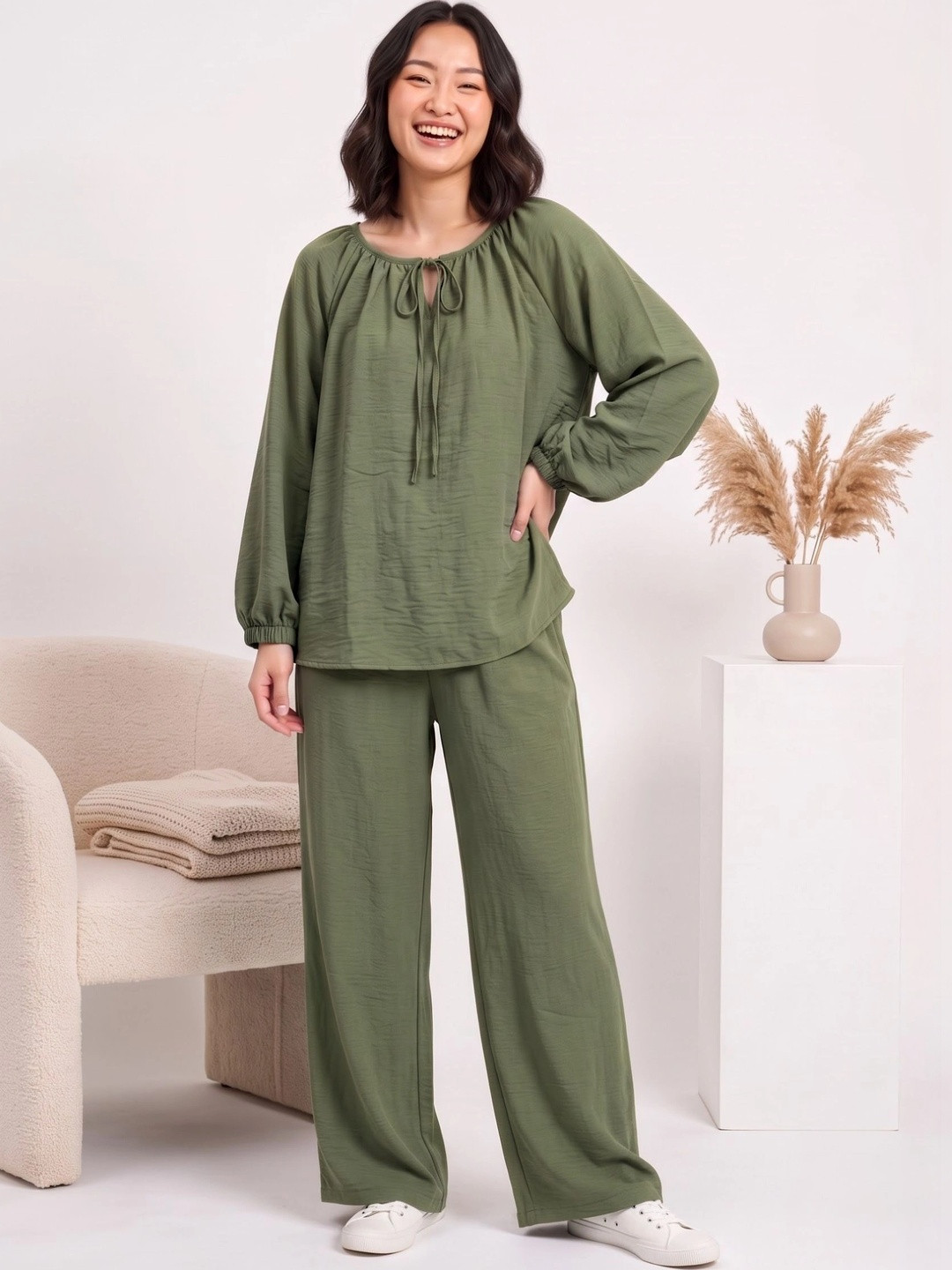 Stem Rope Round Neck Long Sleeve Top With Palazzo Co-Ords