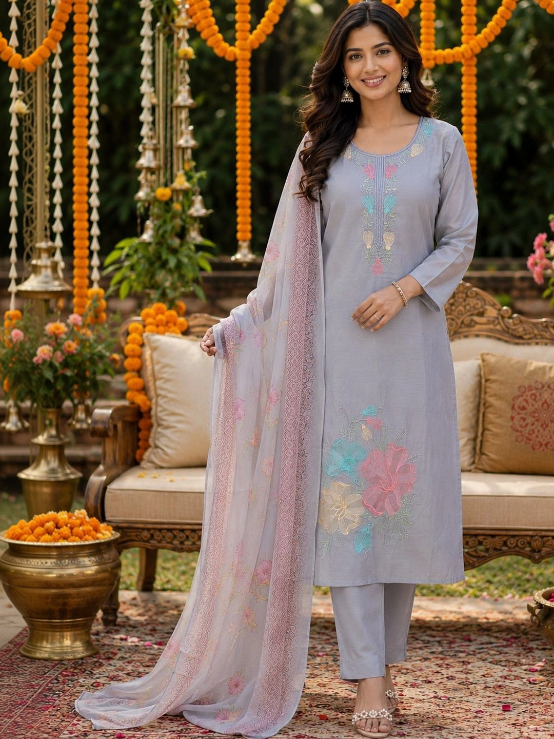 SZN Women Floral Embroidered Pure Silk Kurta with Trousers & With Dupatta