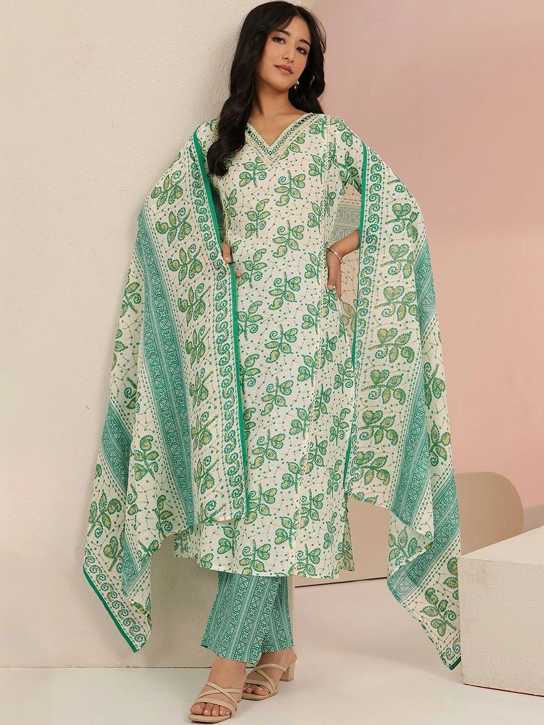 Libas Off White Floral Printed Cotton Straight Suit Set