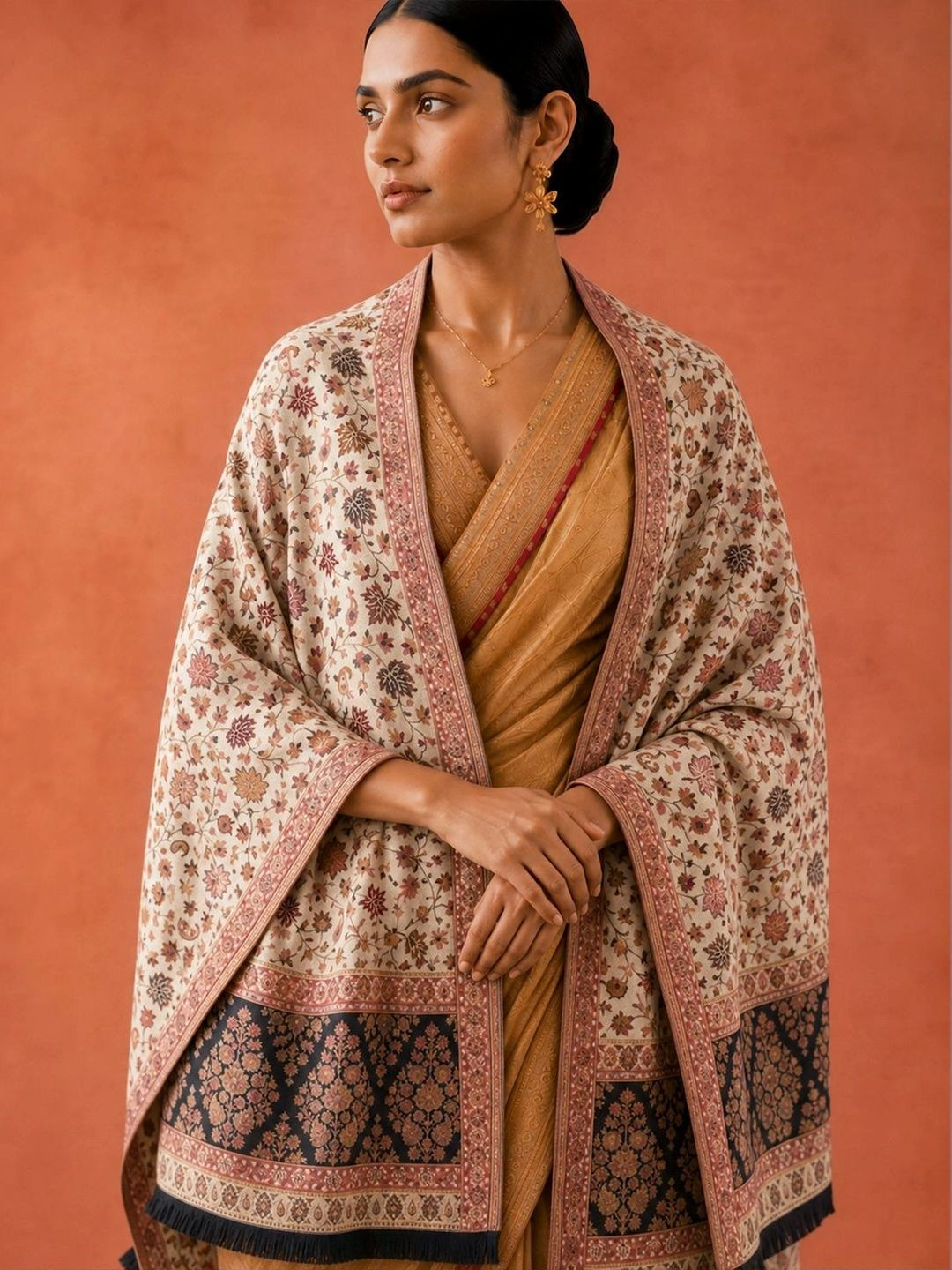 Sangria Women Floral Woven Design Pashmina Fringed Border Stole