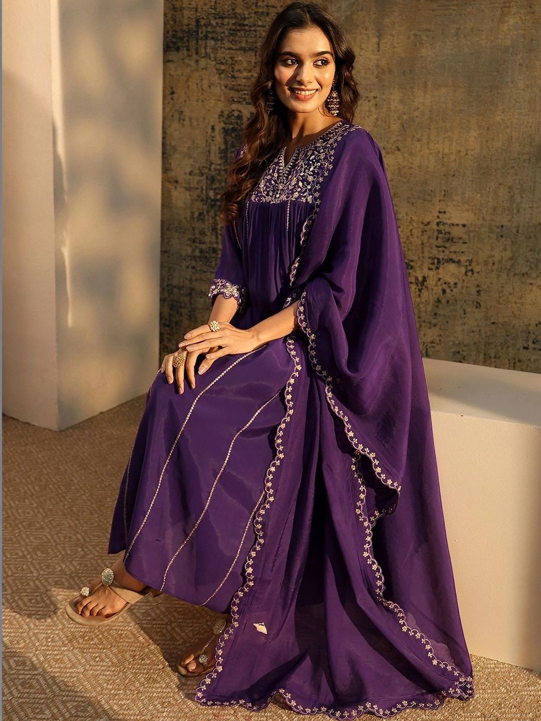 Libas Purple Floral Embroidered Chanderi Cotton Empire Anarkali Suit Set