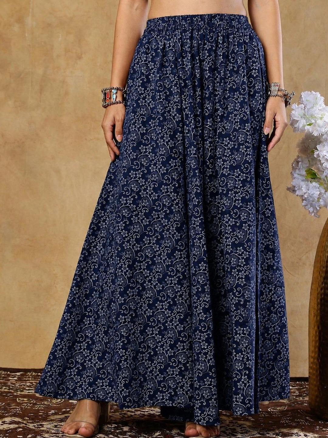 KALINI Women Cotton Floral Maxi Flared Skirt